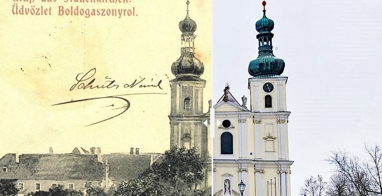 Die Basilika Mariä Geburt in Frauenkirchen, Fotografie von + Generalvikar Martin Korpitsch auf der Fahrt nach Marienkron im Jänner 2021, zusammengefügt mit einer Abbildung auf einer Postkarte Anfang des 20. Jahrhunderts.
