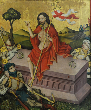 Auferstehung Christi, Flügelaltar mit Szenen aus der Passion Christi, Oberrhein, um 1450, am 11. Mai 2011 im Augustinermuseum in Freiburg. Dieses Bild ist Teil des Features 'Symbole der Auferstehung'.