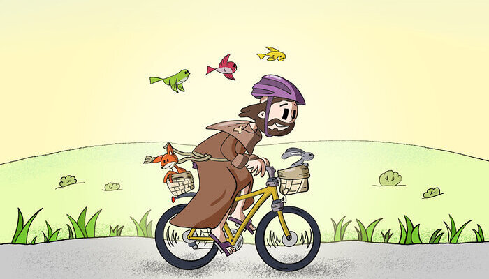 Illustration des heiligen Franz von Assisi auf einem Fahrrad.