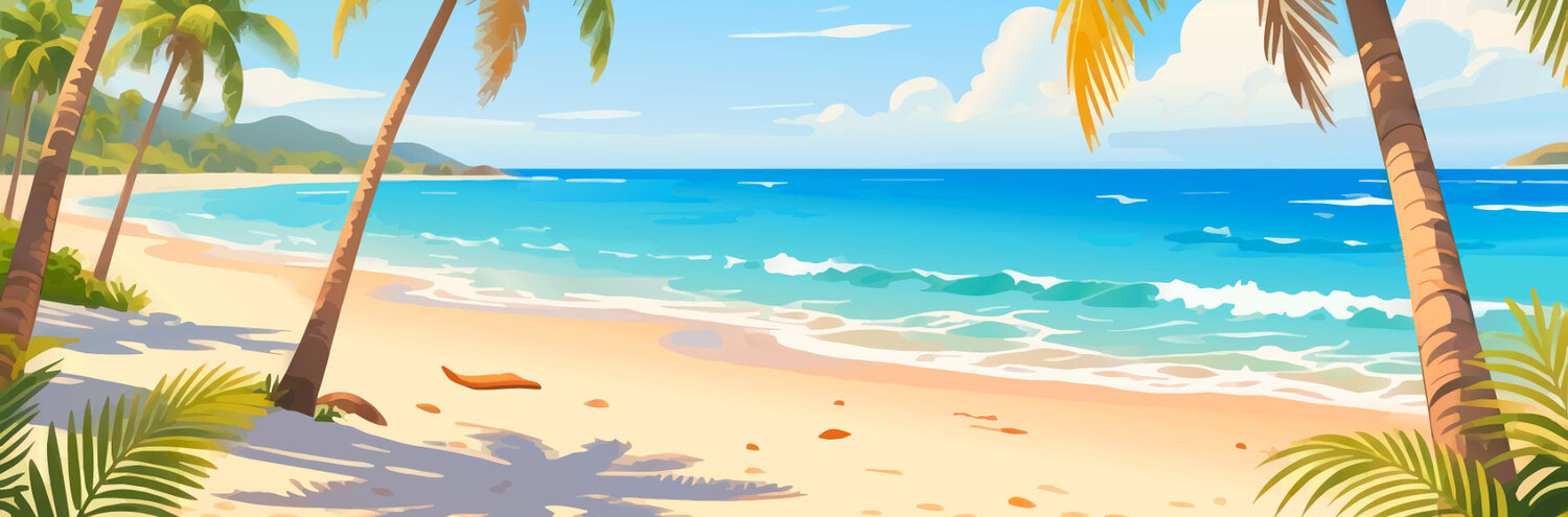 Ein Sandstrand mit Palmen am Meer.