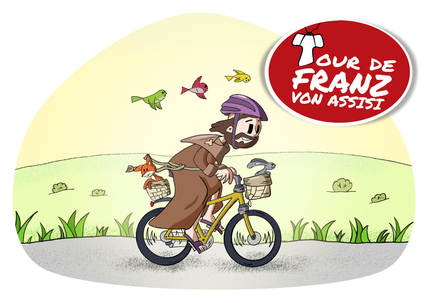 Illustration des hl. Franziskus auf einem Fahrrad mit Fuchs, Hase und Vögeln.