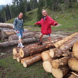 Stadtpfarrer Gabriel Kozuch und Diakon Paul Röttig testen die vatikanischen Baumstämme, was die Rutschfestigkeit betrifft.