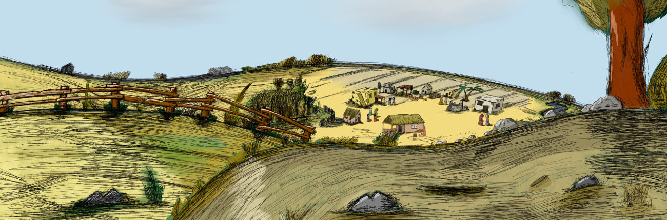 Hügellandschaft mit Dorf