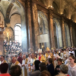 Der Klerus zieht in die Kathedrale von Györ zur Pilgermesse ein