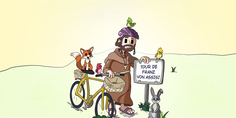 Der hl. Franziskus steht neben einem Fahrrad und Schild mit Aufschrift „Tour de Franz von Assisi“.
