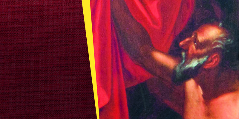 Der Bettler hält den roten Mantel des heiligen Martin in einer Hand und blickt hinauf.