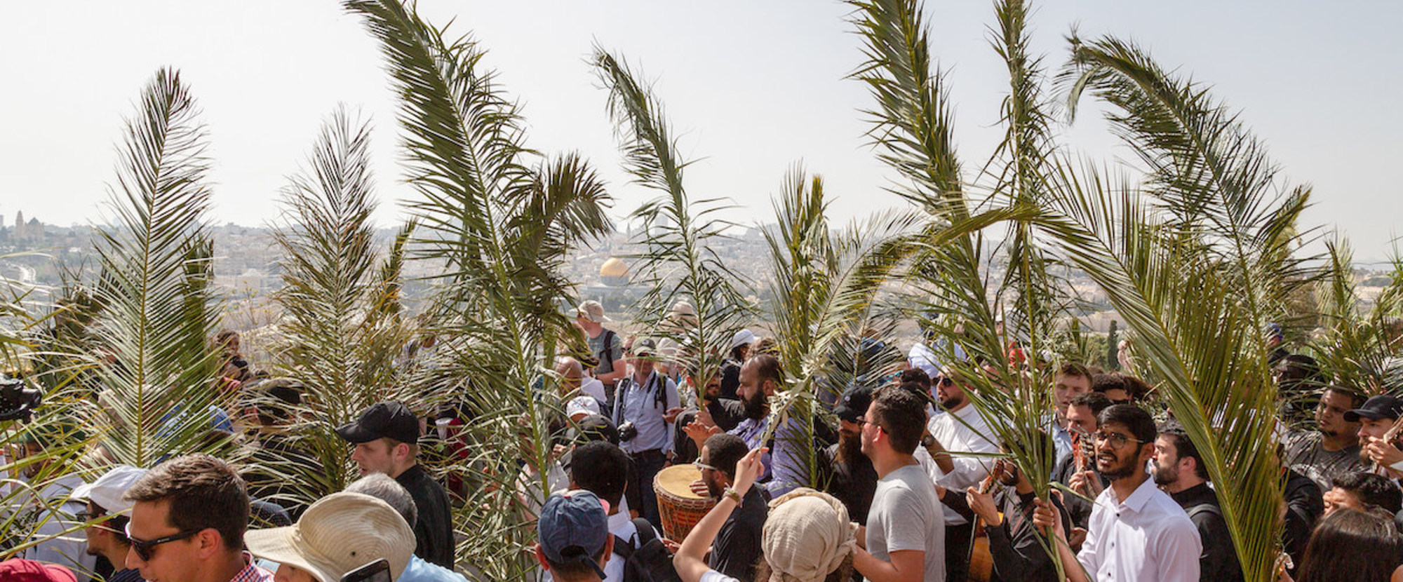 Teilnehmer halten lange Palmzweige bei der Palmsonntagsprozession in Jerusalem am 10. April 2022.
