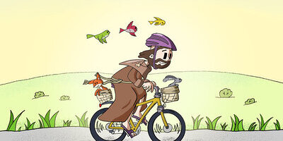 Illustration des heiligen Franz von Assisi auf einem Fahrrad.