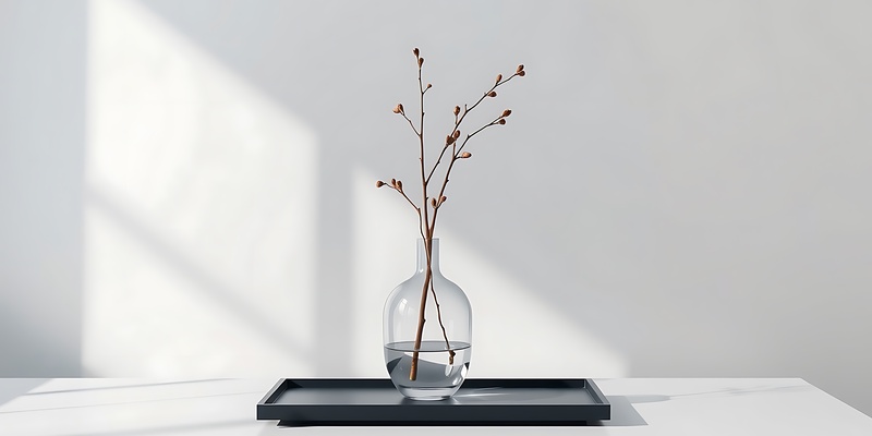 Simple glass vase with flower buds on black tray
