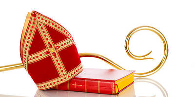 Mitre or mijter and staff of Sinterklaas. Isolated on white backgroud. Part of a dutch sancta tradition