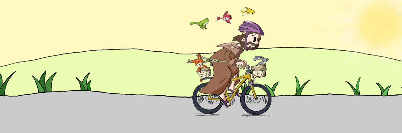 Der hl. Franz von Assisi auf einem Fahrrad.