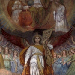 Die Heilige Dreifaltigkeit, Gottesmutter Maria und der Erzengel Michael - Detailausschnitt aus dem Wandbild über dem Hochaltar
